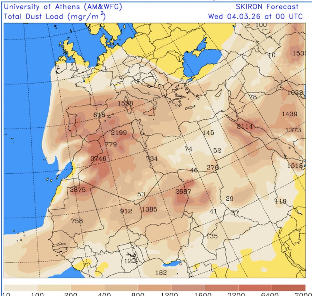 Διεπιστημονική Επιτροπή Διαχείρισης Κινδύνων και Κρίσεων του ΕΚΠΑ: SKIRON / Επεισόδιο μεταφοράς αφρικανικής σκόνης στην Ελλάδα