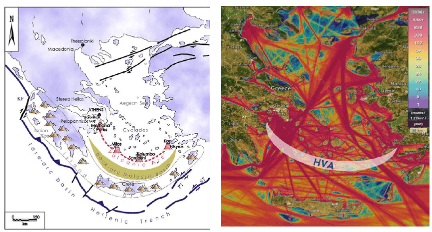 Map of the Hllenic Arc left and shpping density map right adjusted from marinetraffic